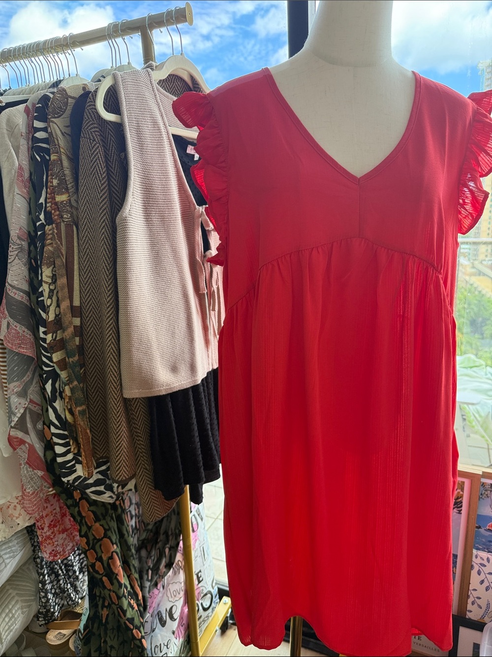 Umgee Bright Red V-Neck Dress with Floral Trim